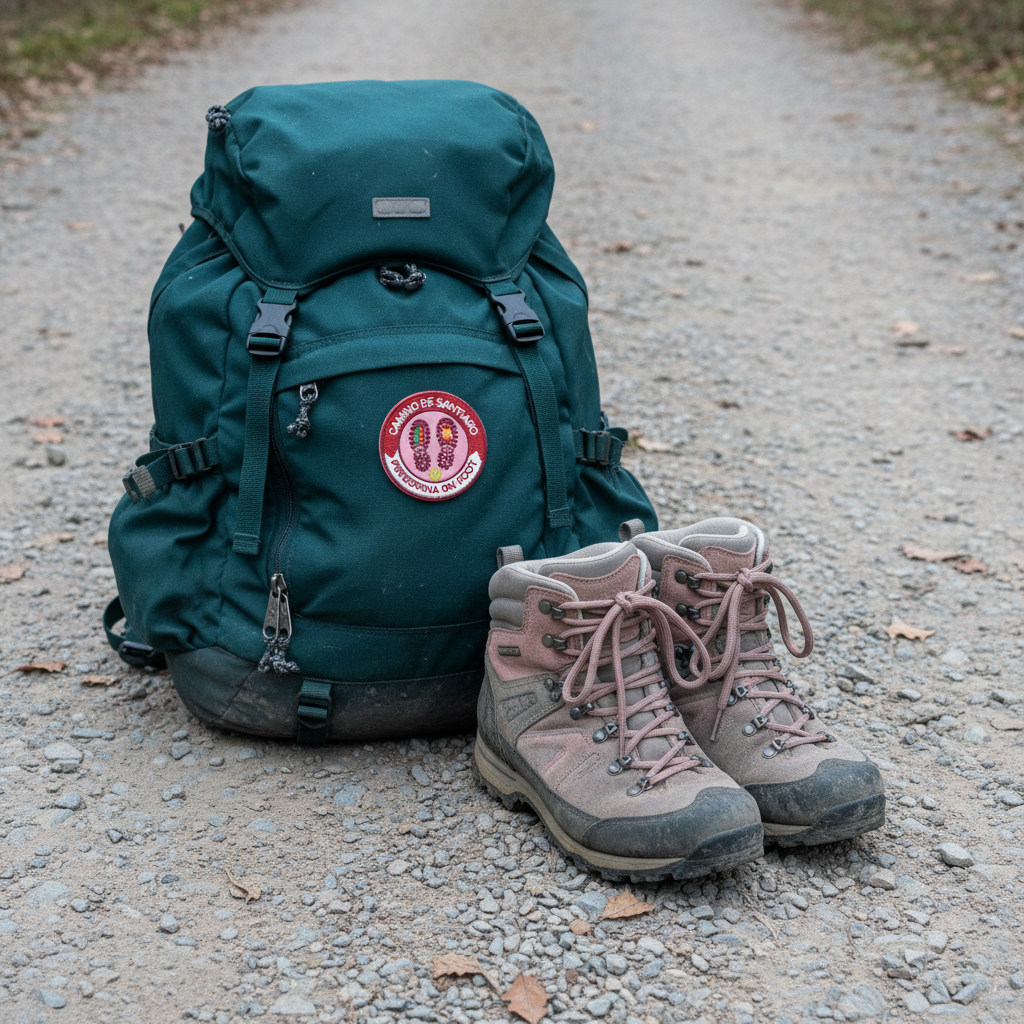 Red Peregrina On Foot iron-on patch from Pilgrim Artifact on a tan canvas backpack beside muddy hiking boots on a Camino de Santiago gravel trail