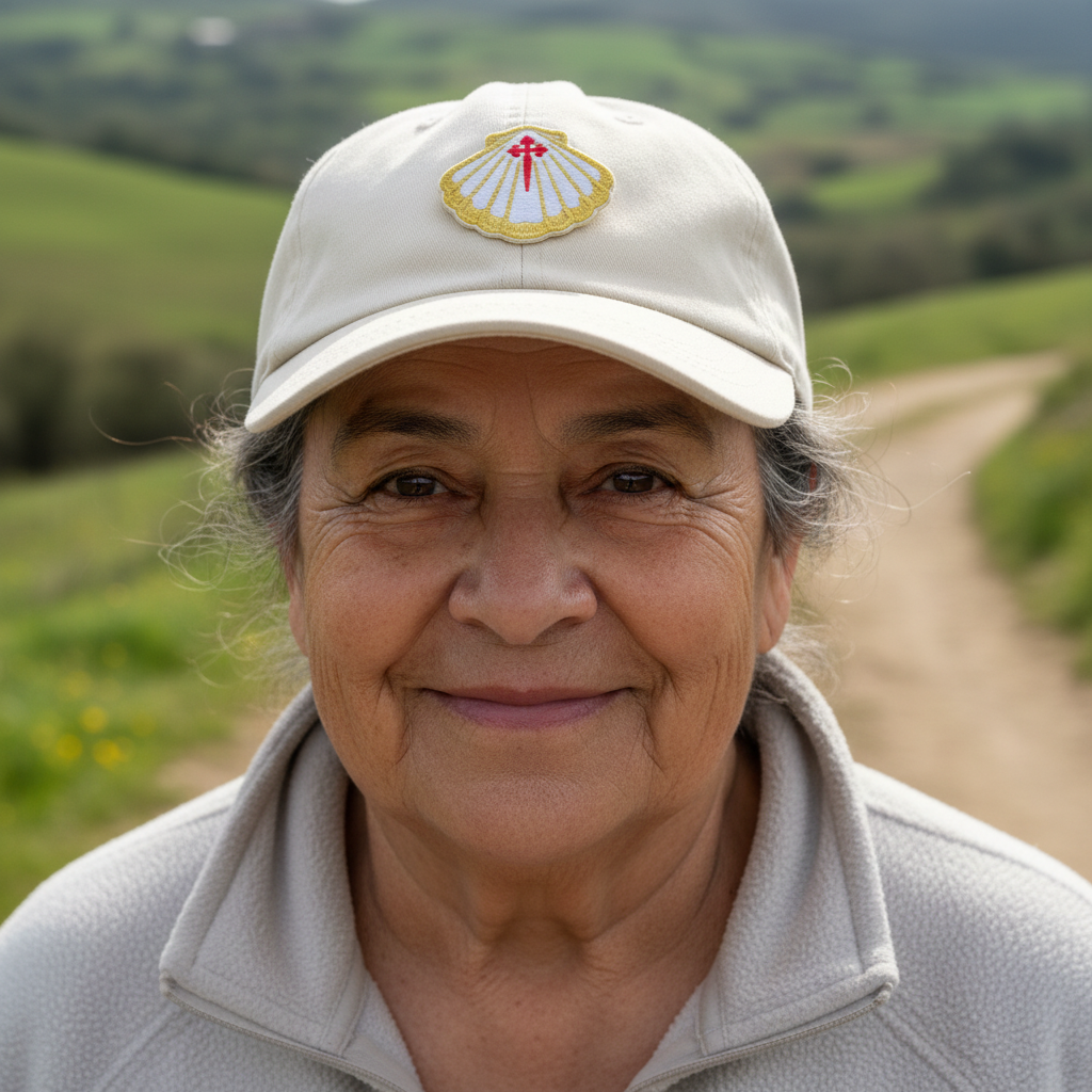 Elderly pilgrim peregrina smiling on a Camino de Santiago trail wearing a cream cap with a small sparkling gold scallop shell patch