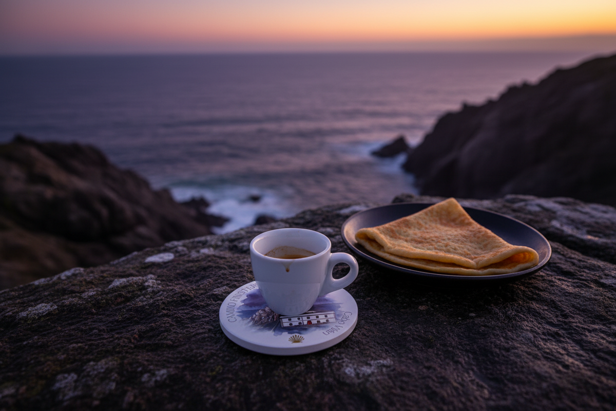 Camino Finisterre ceramic coaster on a dark stone surface beside a Galician crepe dessert, evoking the atmospheric end-of-the-world mood of the Finisterre coastline