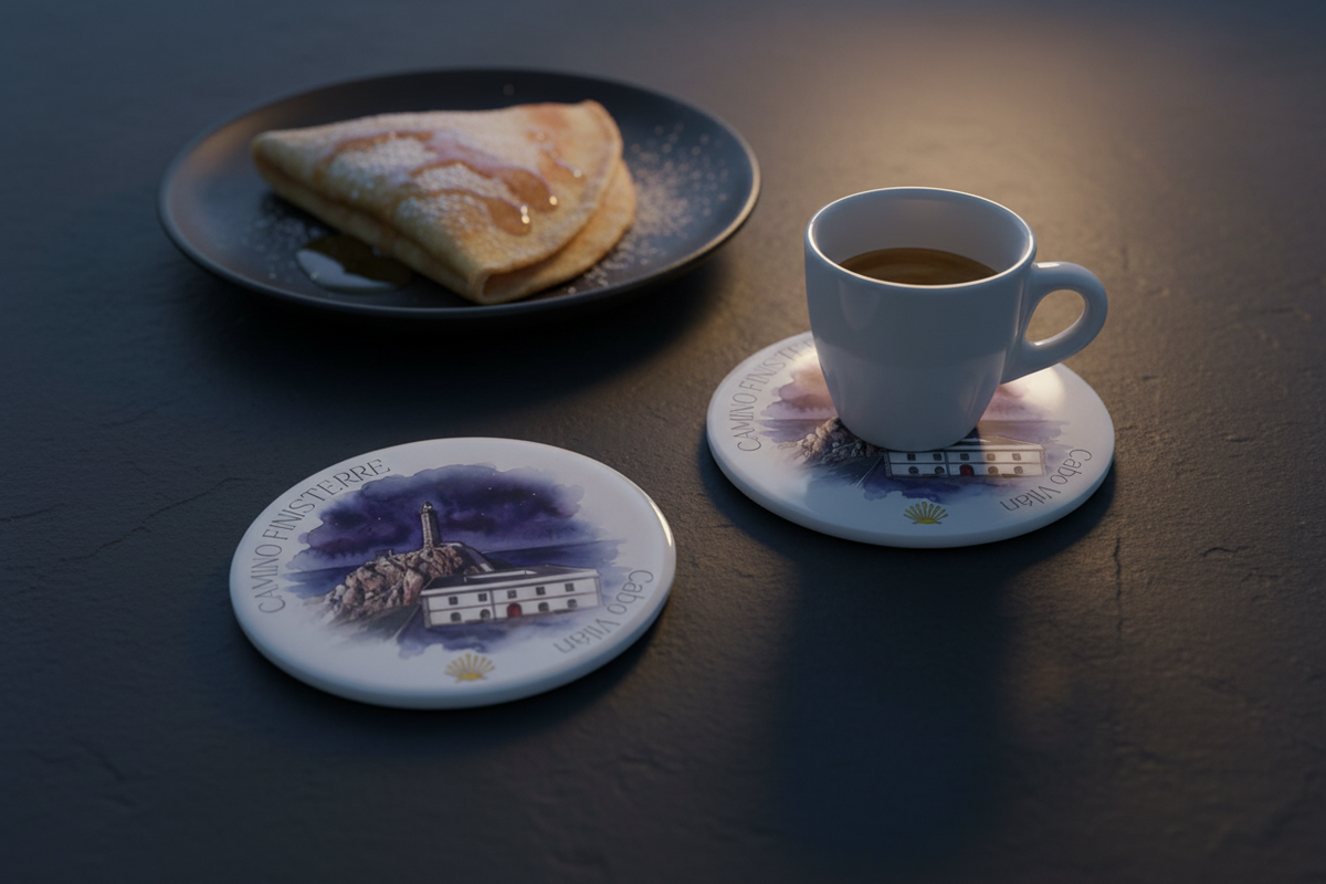 Finisterre ceramic coasters beside a white espresso cup on a weathered surface lit by a dramatic Atlantic sunset and with Galician honey crepe pastry in the background