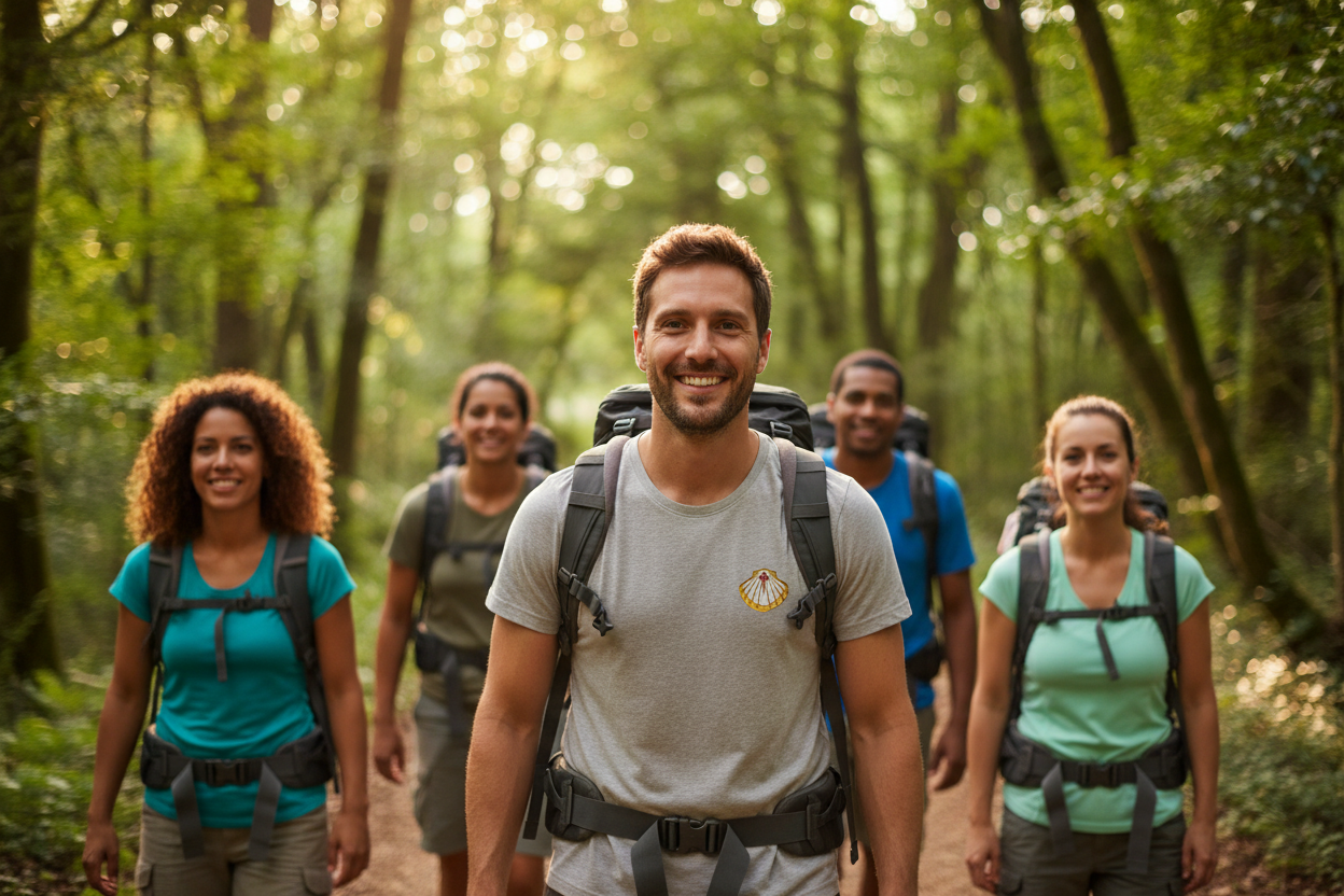 Four pilgrims on the Camino de Santiago, each wearing a scallop shell patch