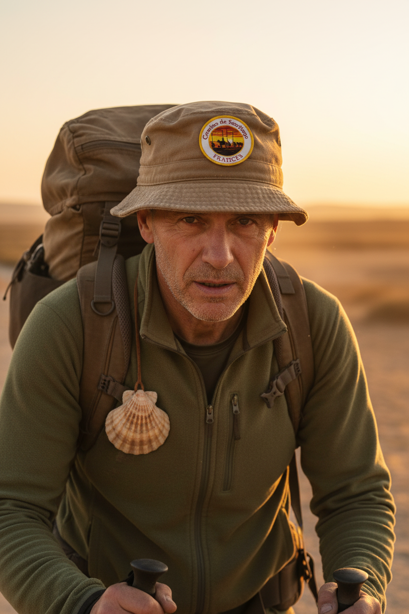 Male pilgrim wearing a bucket hat with Camino Francés woven patch and scallop shell necklace, hiking at golden hour