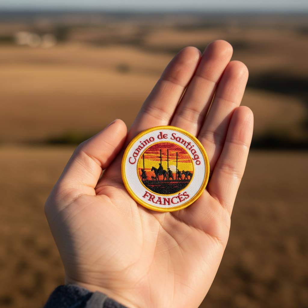Woven Camino Francés patch held in an open hand on the Camino de Santiago trail