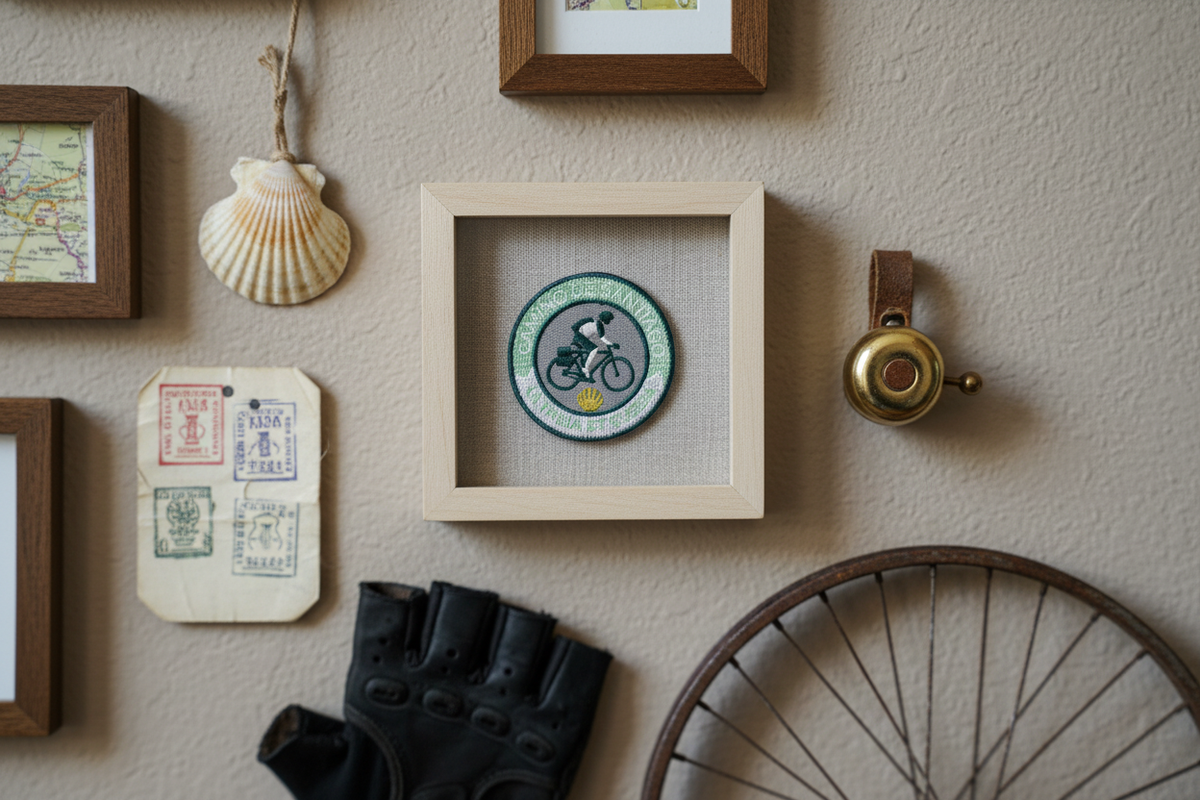 Green Ultreia et Suseia On Wheels Camino de Santiago patch framed on a cycling memory wall