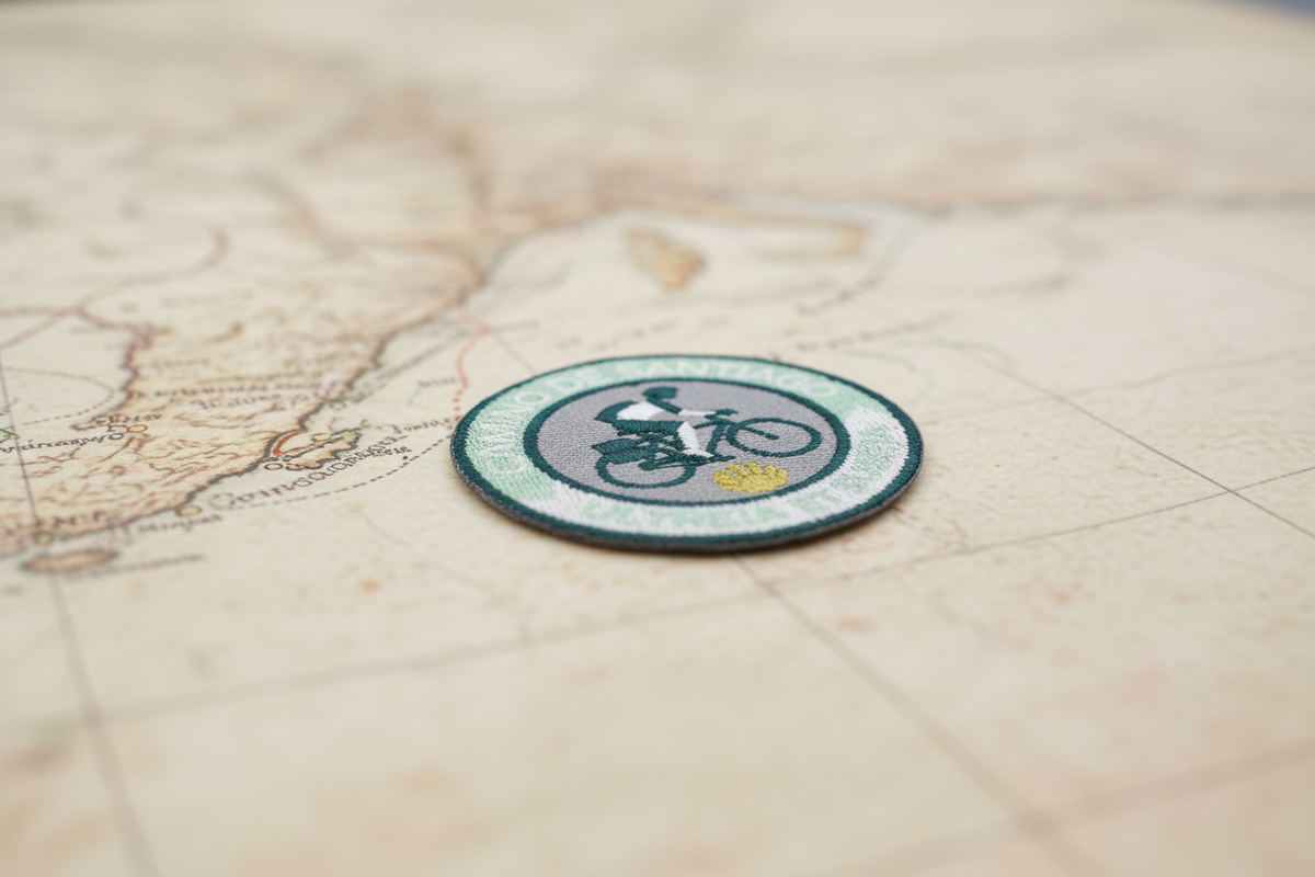 Green Ultreia et Suseia On Wheels iron-on patch from Pilgrim Artifact lying flat on an antique map of the Camino routes