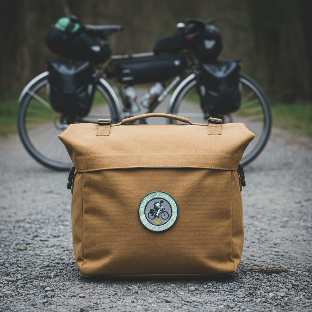 Green Ultreia et Suseia On Wheels Camino de Santiago patch on a bicycle pannier bag with a touring bike behind