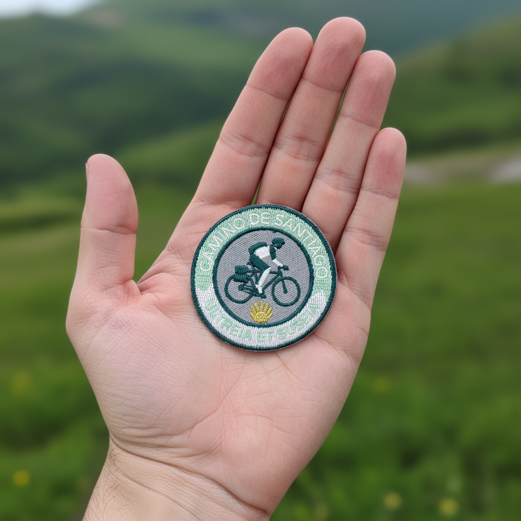 Green Ultreia et Suseia On Wheels iron-on patch from Pilgrim Artifact resting on an open hand