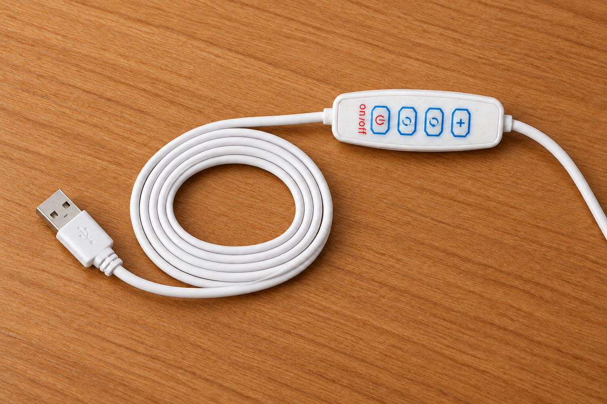 Inline USB remote and cord for the Pilgrim Artifact Camino de Santiago LED frame, showing power and brightness controls.