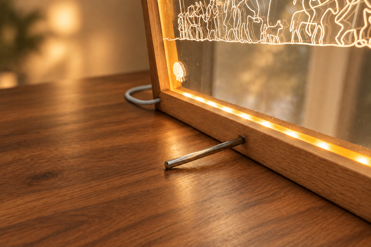 Rear metal kickstand of the Pilgrim Artifact Camino de Santiago LED frame on a walnut surface.