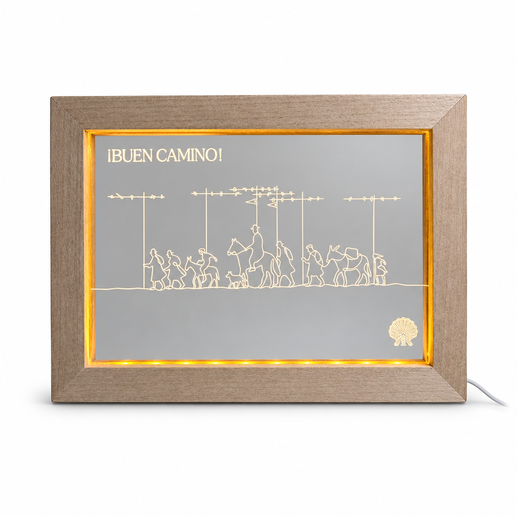 Pilgrim Artifact Camino de Santiago LED frame on a white background with a soft shadow.