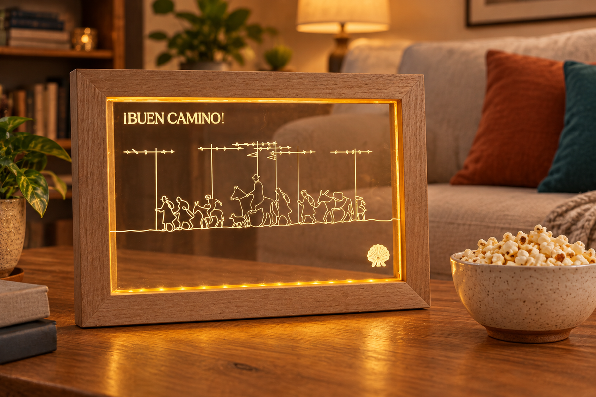 Pilgrim Artifact Alto de Perdón Camino de Santiago LED frame styled with popcorn and colorful accents.