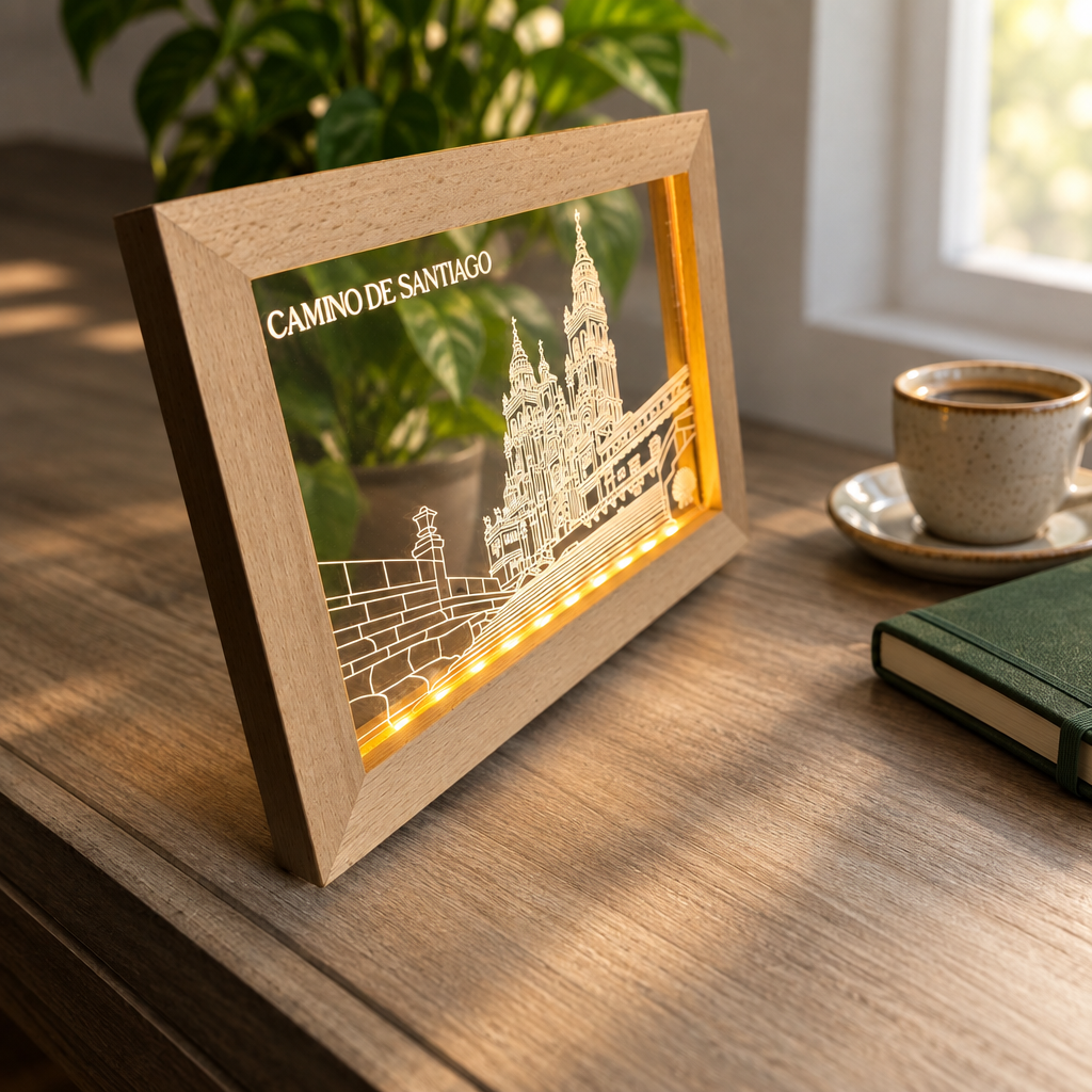 Light oak Camino de Santiago LED frame lit on a desk with an espresso cup and journal, the see-through acrylic panel showing a plant behind it.