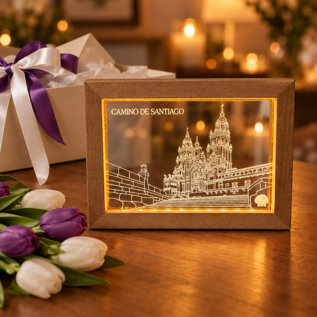 Light oak Camino de Santiago LED frame lit beside a cream gift box with a white and purple ribbon and fresh tulips.