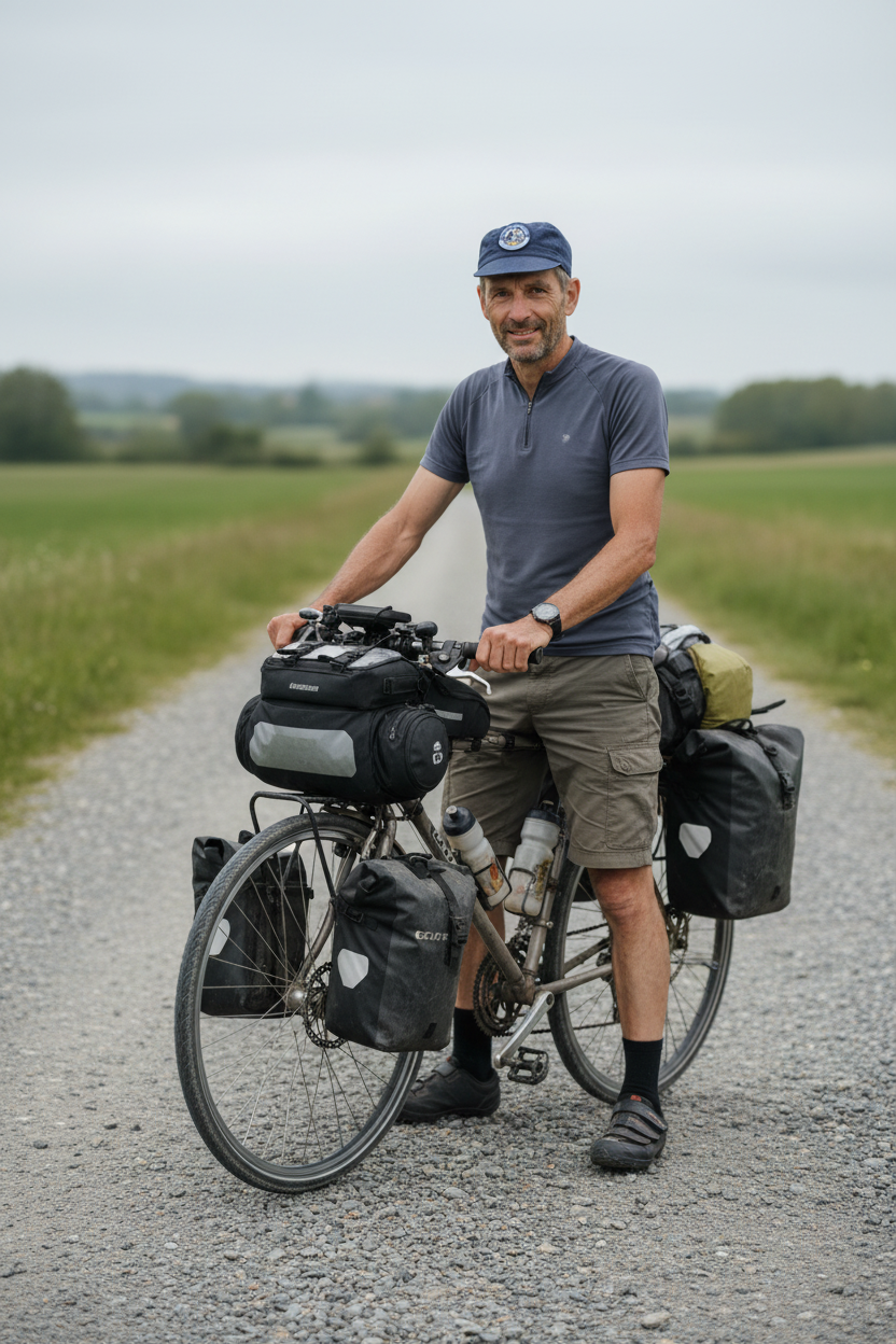 Cyclist standing beside his loaded touring bike wearing a cap with the Peregrino On Wheels Camino de Santiago patch