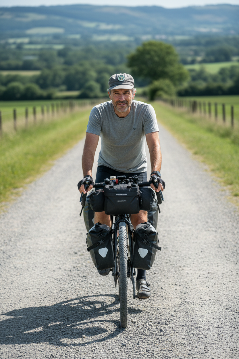 Cyclist wearing a cap with the green Ultreia et Suseia On Wheels Camino de Santiago patch