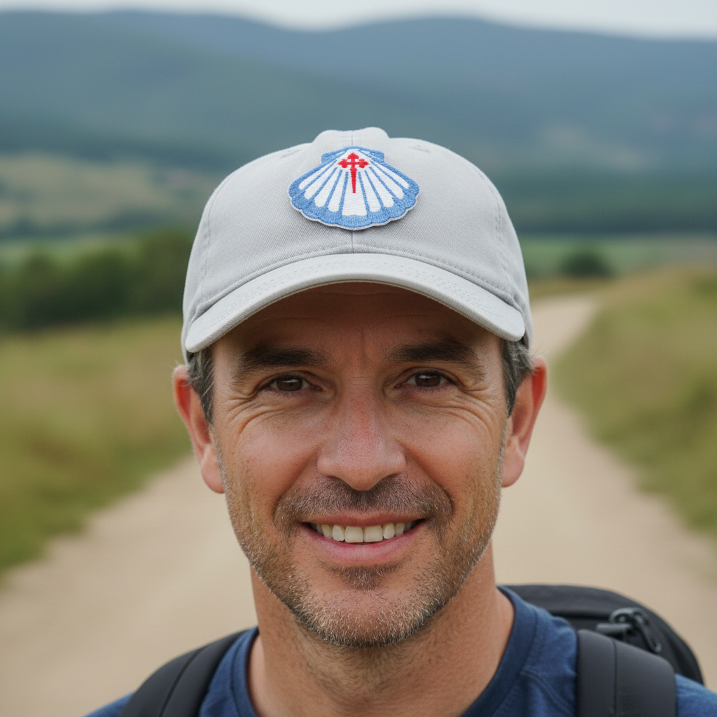 Male pilgrim wearing a grey cap with the blue scallop shell Camino de Santiago patch on the front panel