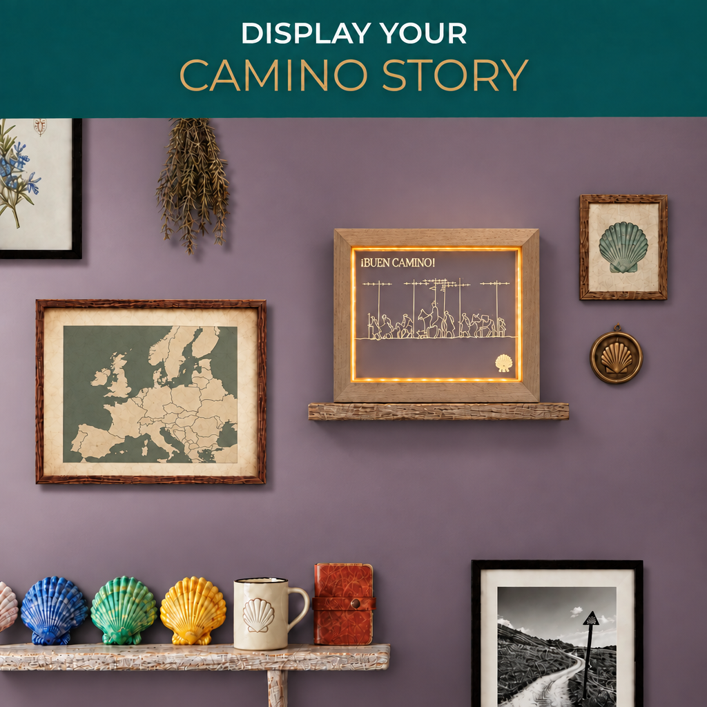 Pilgrim Artifact Camino de Santiago LED frame displayed against a mauve wall with a teal banner.