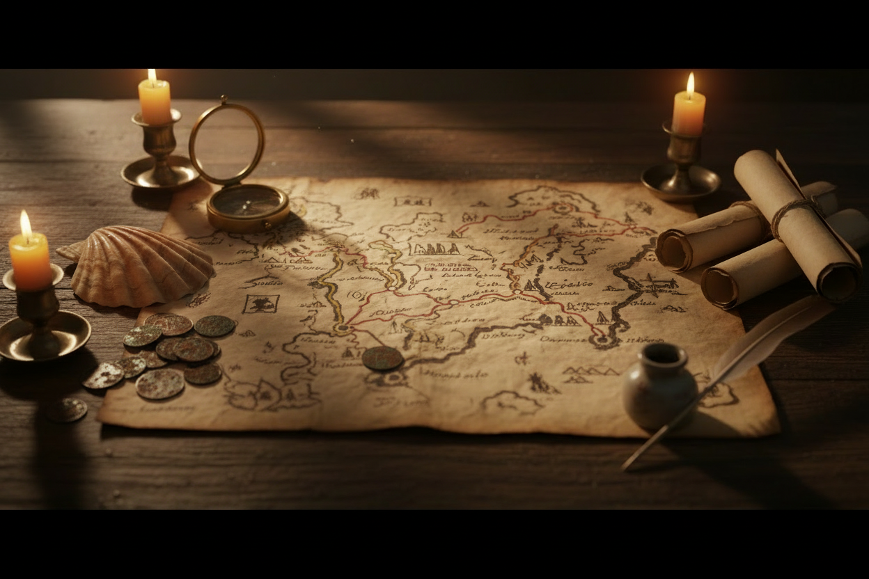 Medieval Desk Scene with Ancient Coins