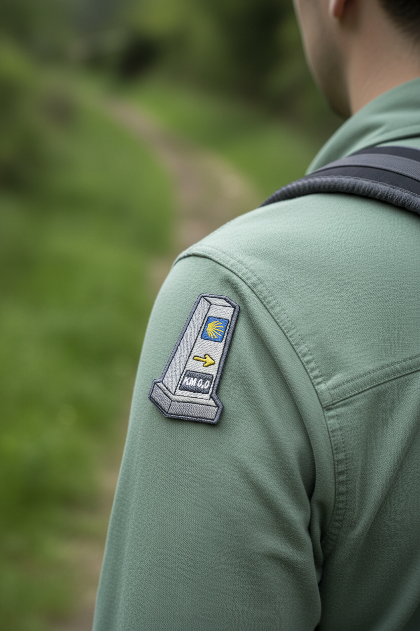 Mojón milestone marker Camino de Santiago patch centered on a shirt shoulder