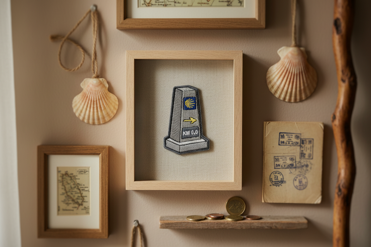 Mojón milestone marker Camino de Santiago patch framed on a Camino memory wall