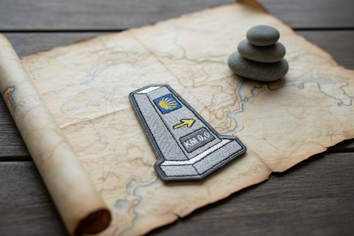 Camino de Santiago mojón milestone marker patch lying flat on an antique map beside a stone cairn