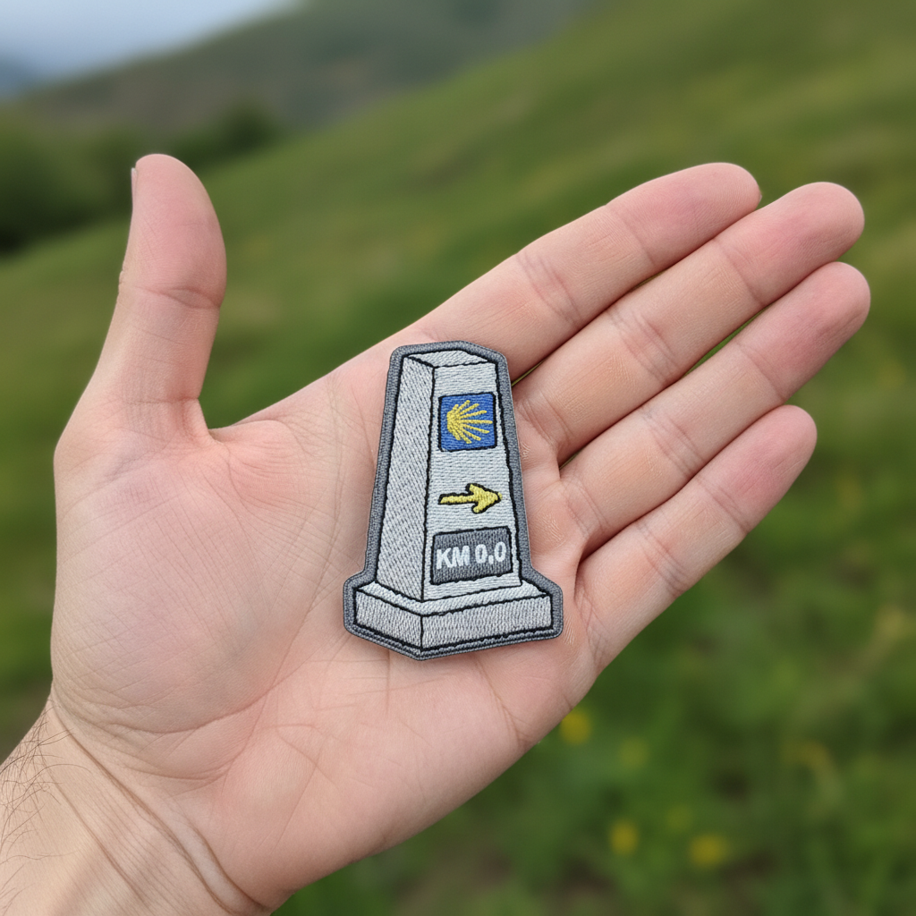 Camino de Santiago mojón milestone marker iron-on patch from Pilgrim Artifact resting on an open hand