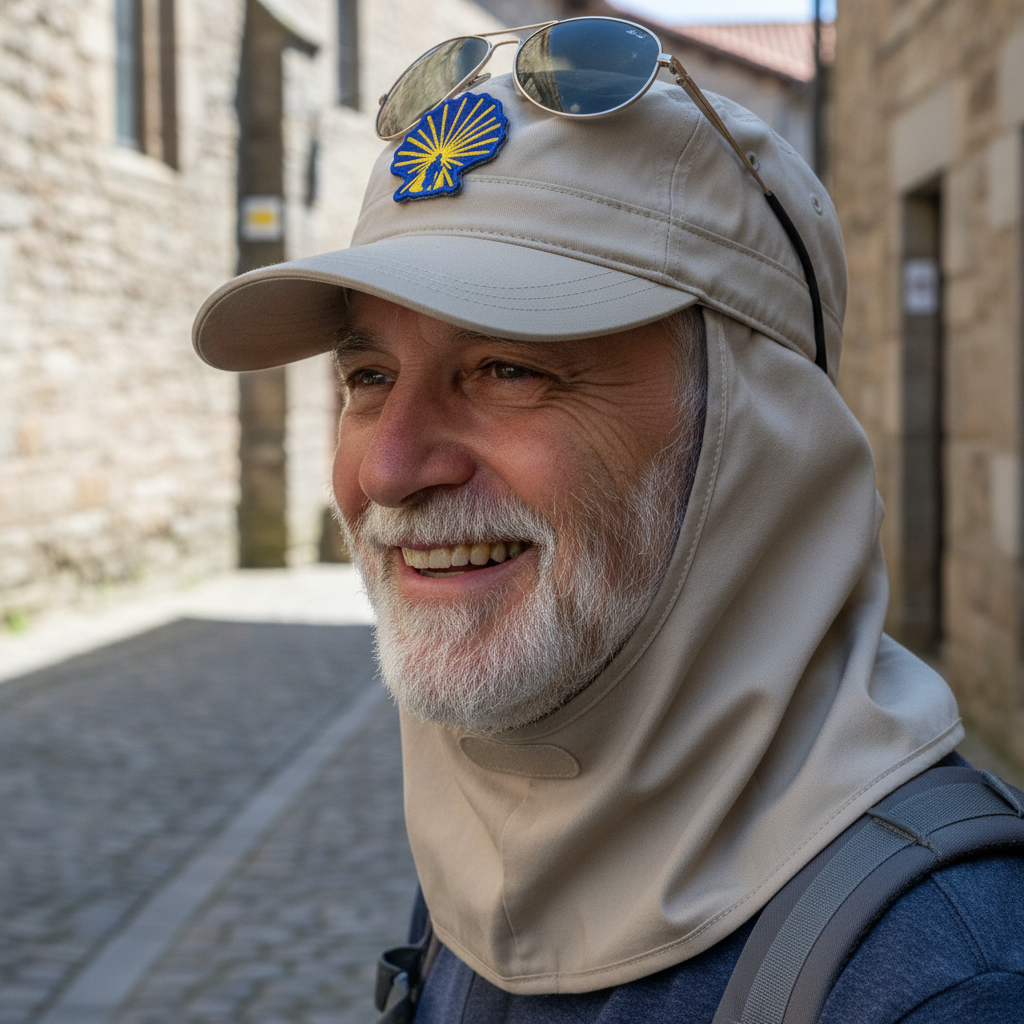 Pilgrim wearing a grey legionnaire's hat with the blue and yellow Enlightened Pilgrim Camino de Santiago patch on the front panel