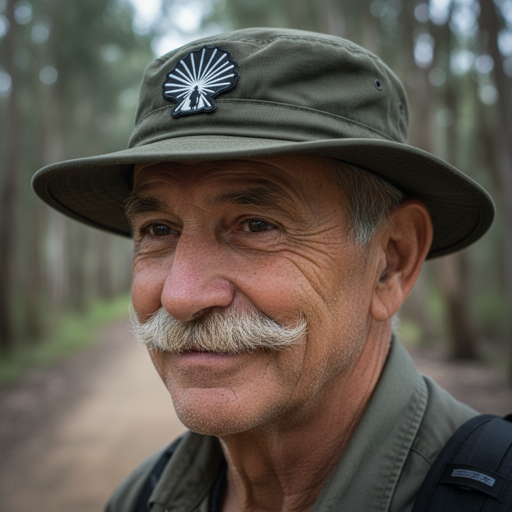 Older mustachioed pilgrim wearing a hat with the black and white Enlightened Pilgrim Camino de Santiago patch