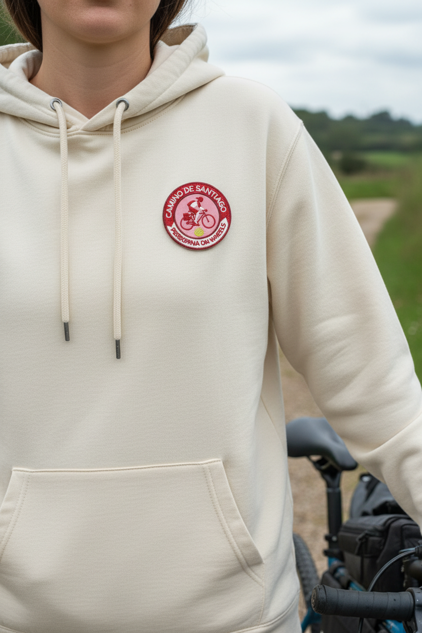 Red and pink Peregrina On Wheels Camino de Santiago patch on the chest of a cream hoodie