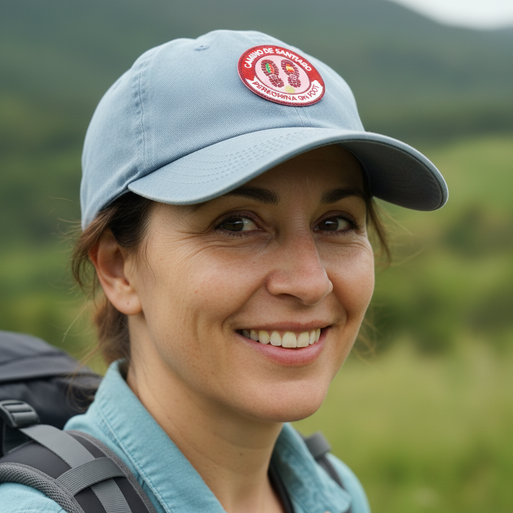 Red Peregrina On Foot Camino de Santiago patch on the front panel of a cap