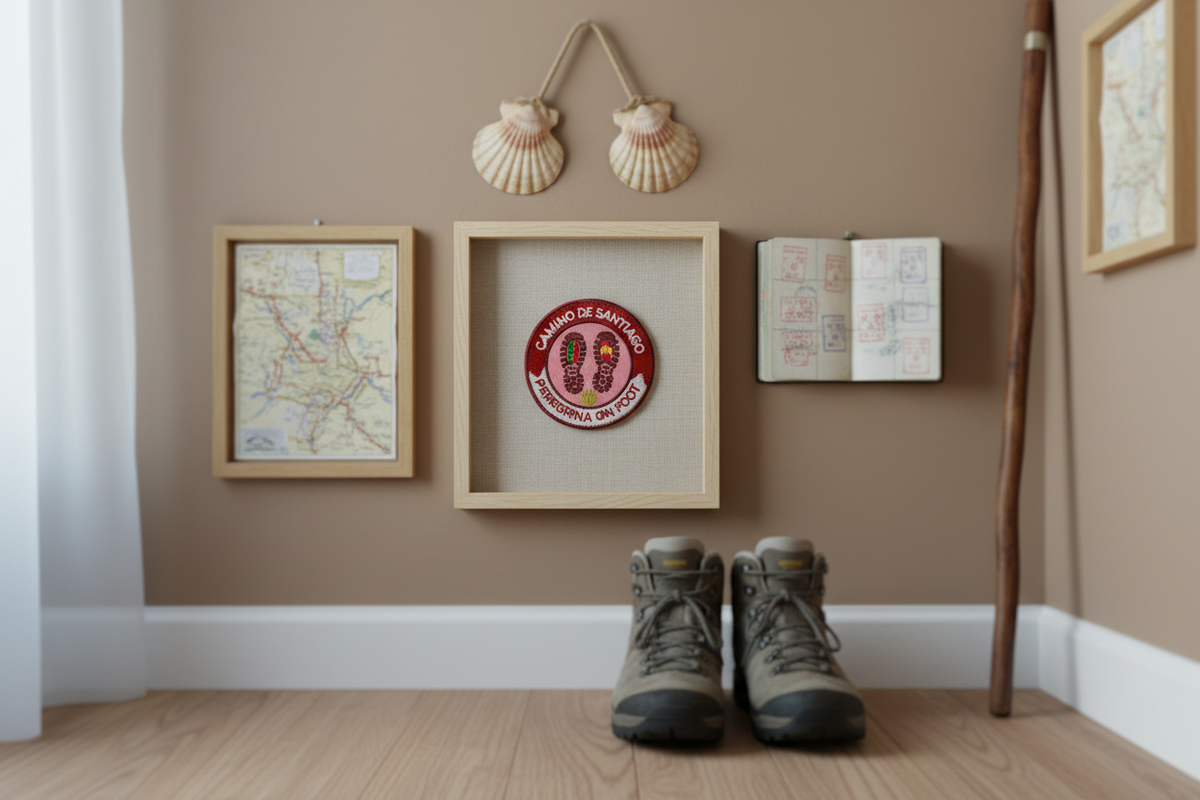 Red Peregrina On Foot Camino de Santiago patch framed on a Camino memory wall
