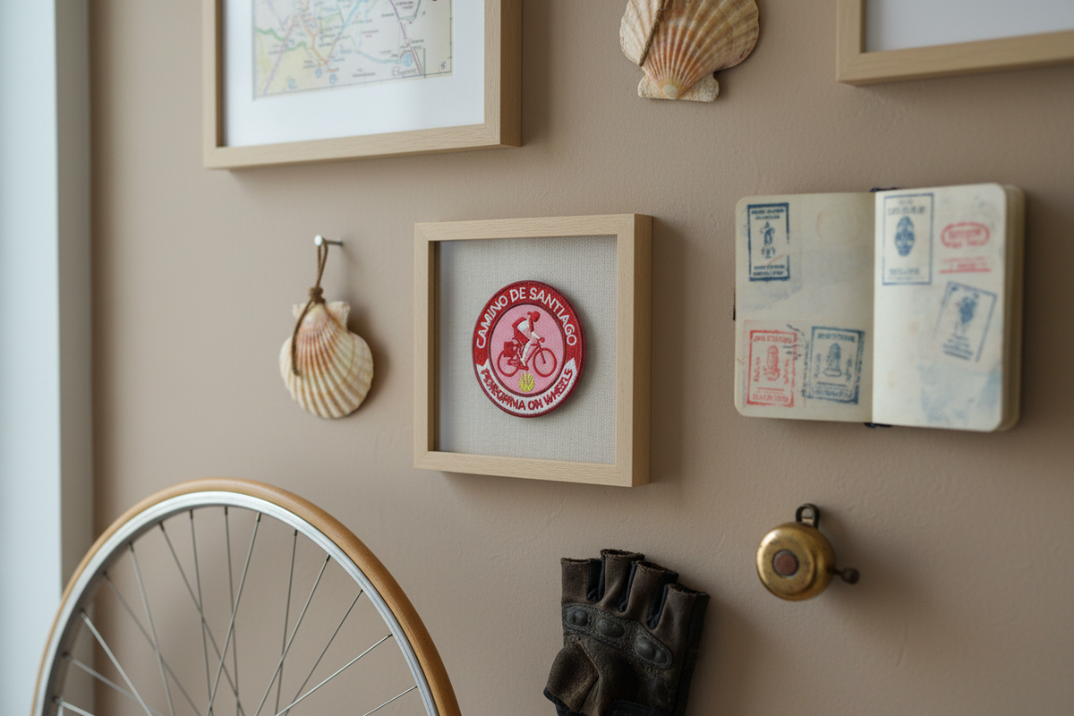 Red and pink Peregrina On Wheels Camino de Santiago patch framed on a cycling memory wall