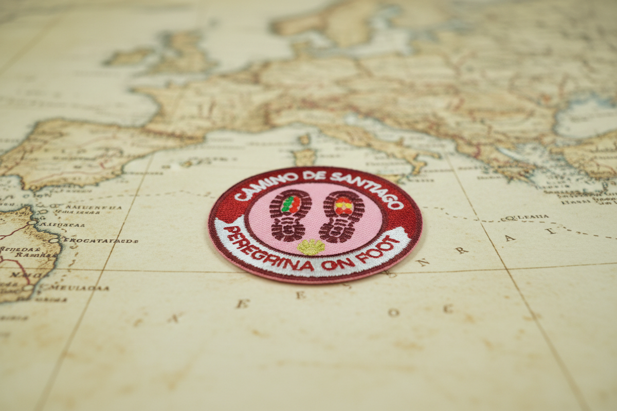 Red Peregrina On Foot iron-on patch from Pilgrim Artifact lying flat on an antique map of the Camino routes
