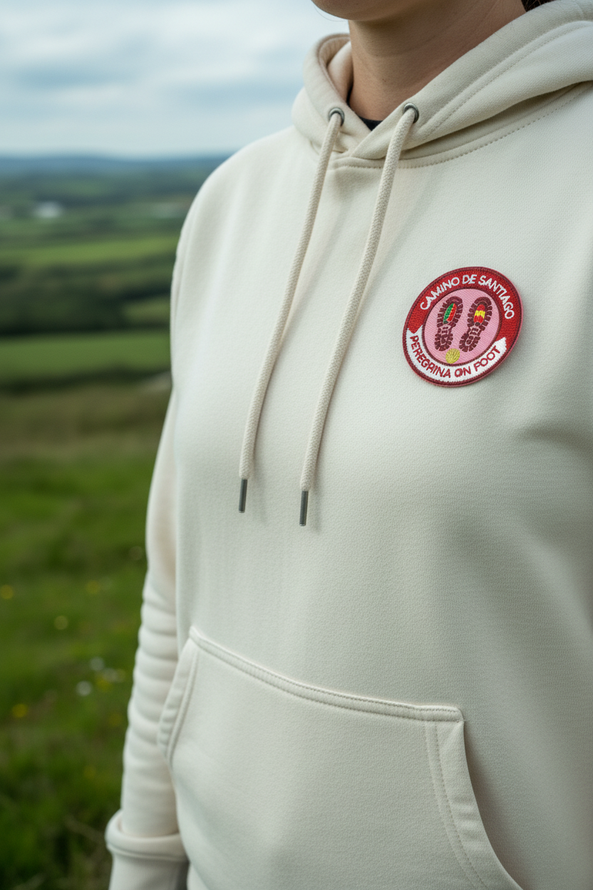 Red Peregrina On Foot iron-on patch from Pilgrim Artifact iron onto a white hoodie