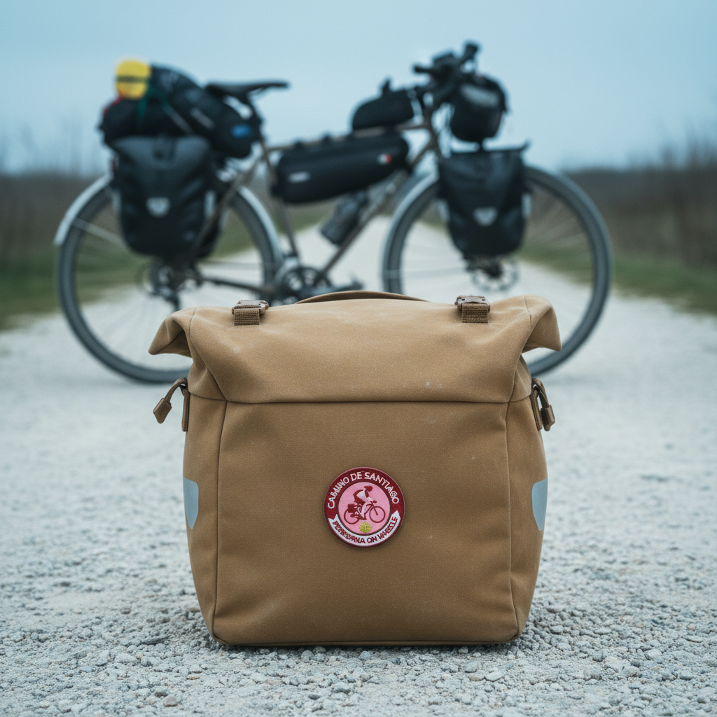 Red and pink Peregrina On Wheels Camino de Santiago patch on a bicycle pannier bag with her touring bike behind