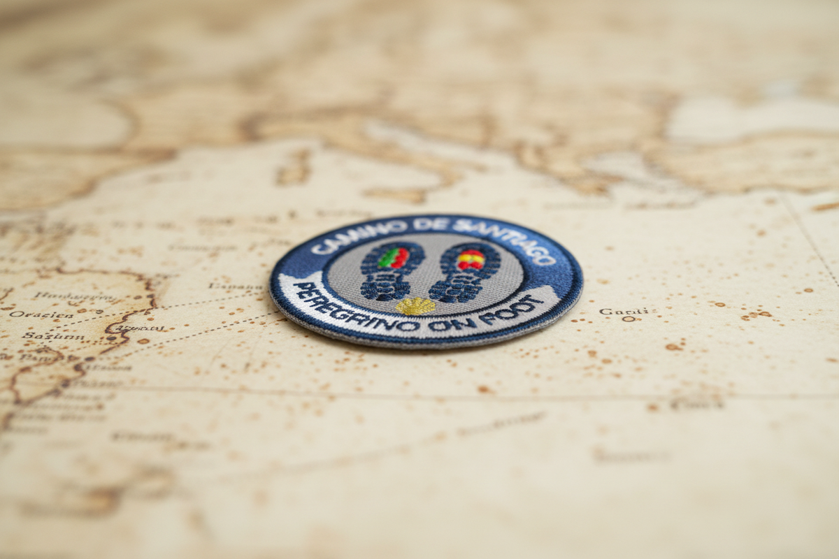 Blue Peregrino On Foot iron-on patch from Pilgrim Artifact lying flat on an antique map of the Camino routes