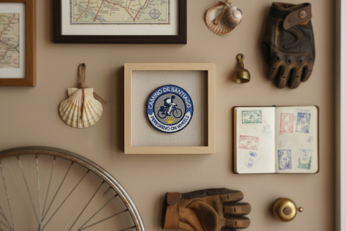 Peregrino On Wheels Camino de Santiago patch framed on a cycling memory wall
