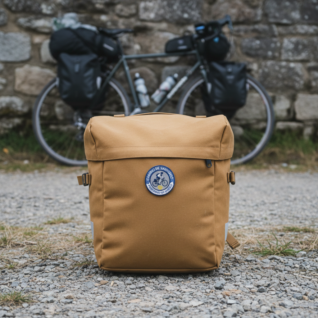 Peregrino On Wheels Camino de Santiago patch on a canvas pack with a touring bicycle behind it