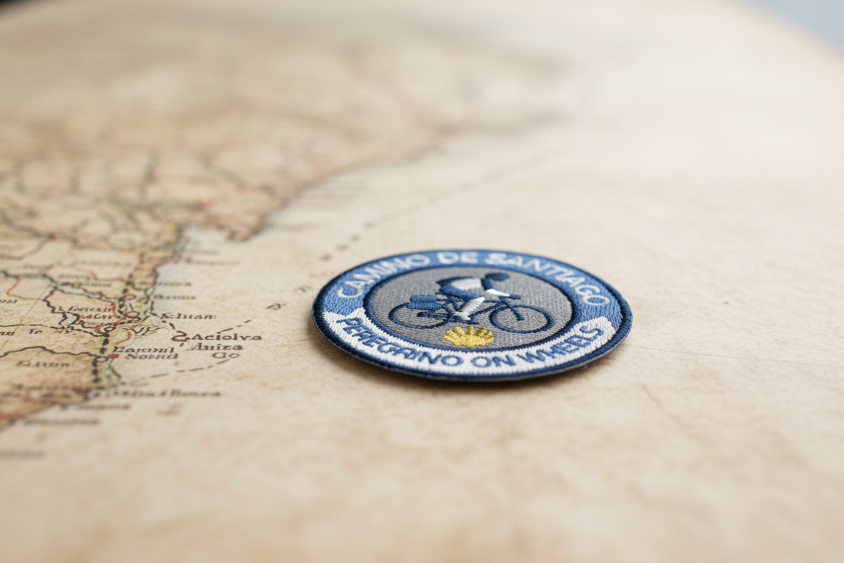 Blue and white Peregrino On Wheels iron-on patch from Pilgrim Artifact lying flat on an antique map of the Camino routes