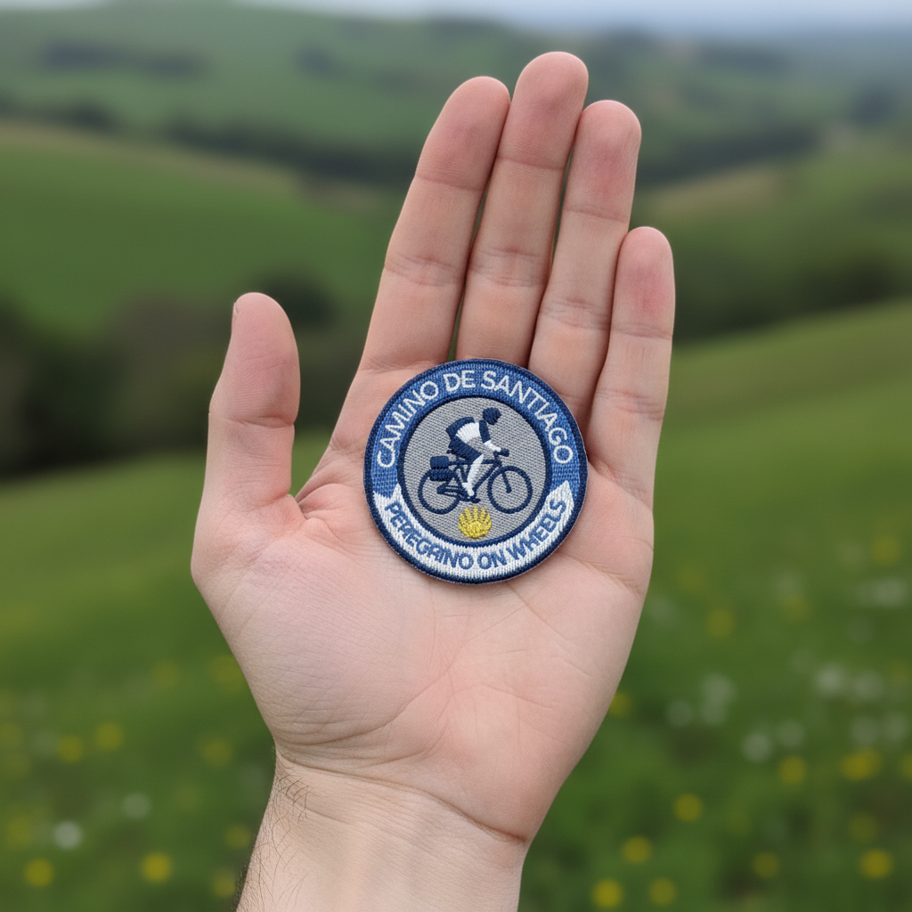 Blue and white Peregrino On Wheels iron-on patch from Pilgrim Artifact resting on an open hand