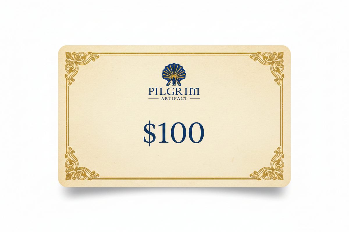 Pilgrim Artifact $100 gift card with an ornate gold border, blue-and-gold scallop shell logo, and $100 denomination on a cream background.