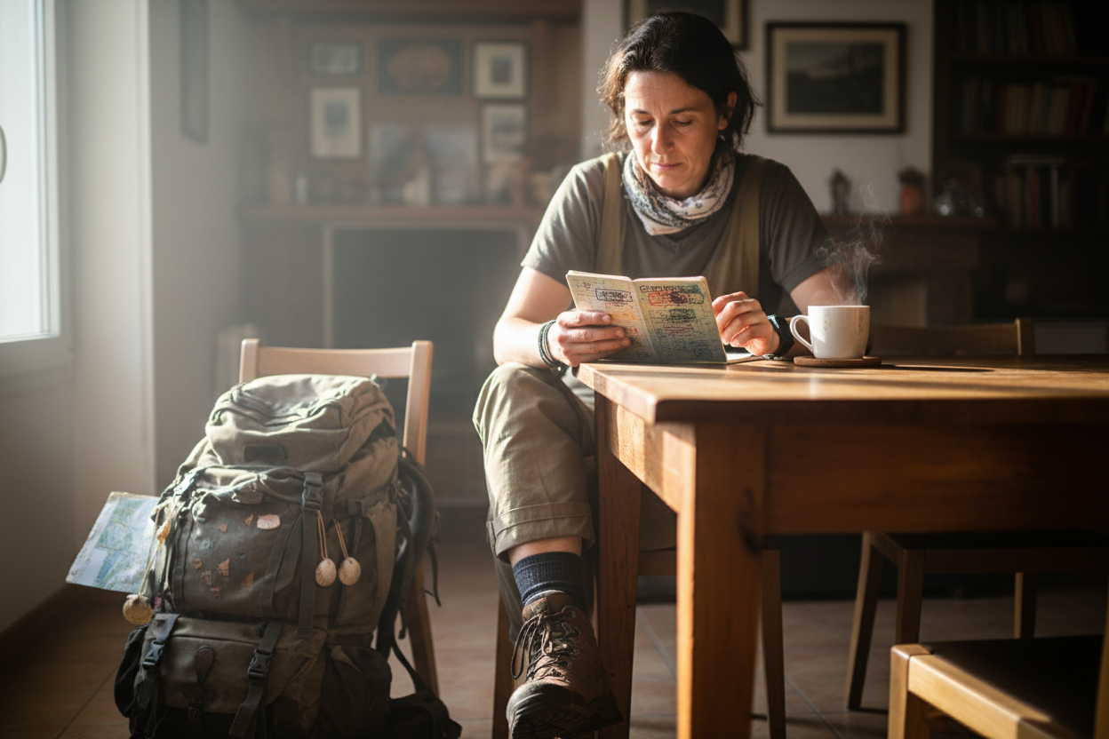 Pilgrim studying credential at table