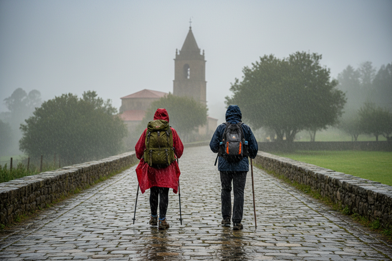 Pilgrims in red and dark blue rain gear