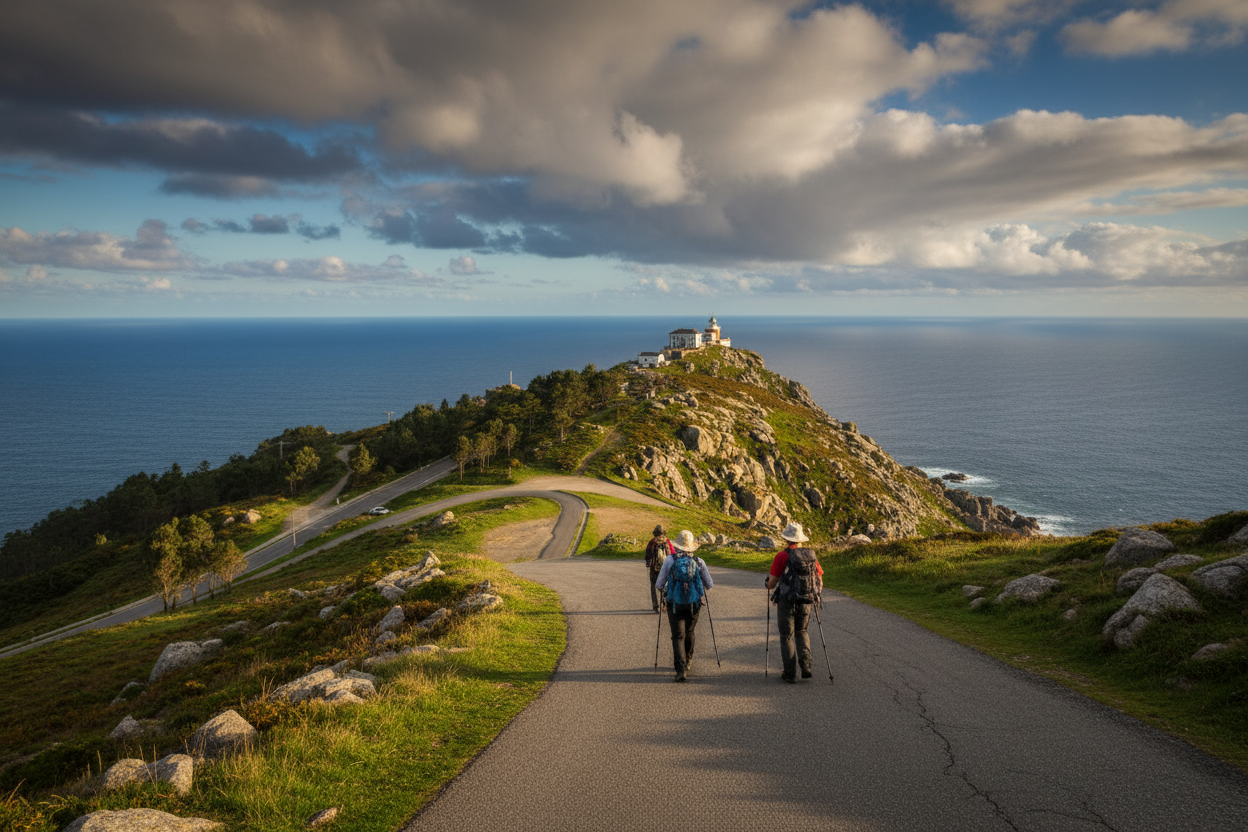 Pilgrims walking to Finisterre lighthouse