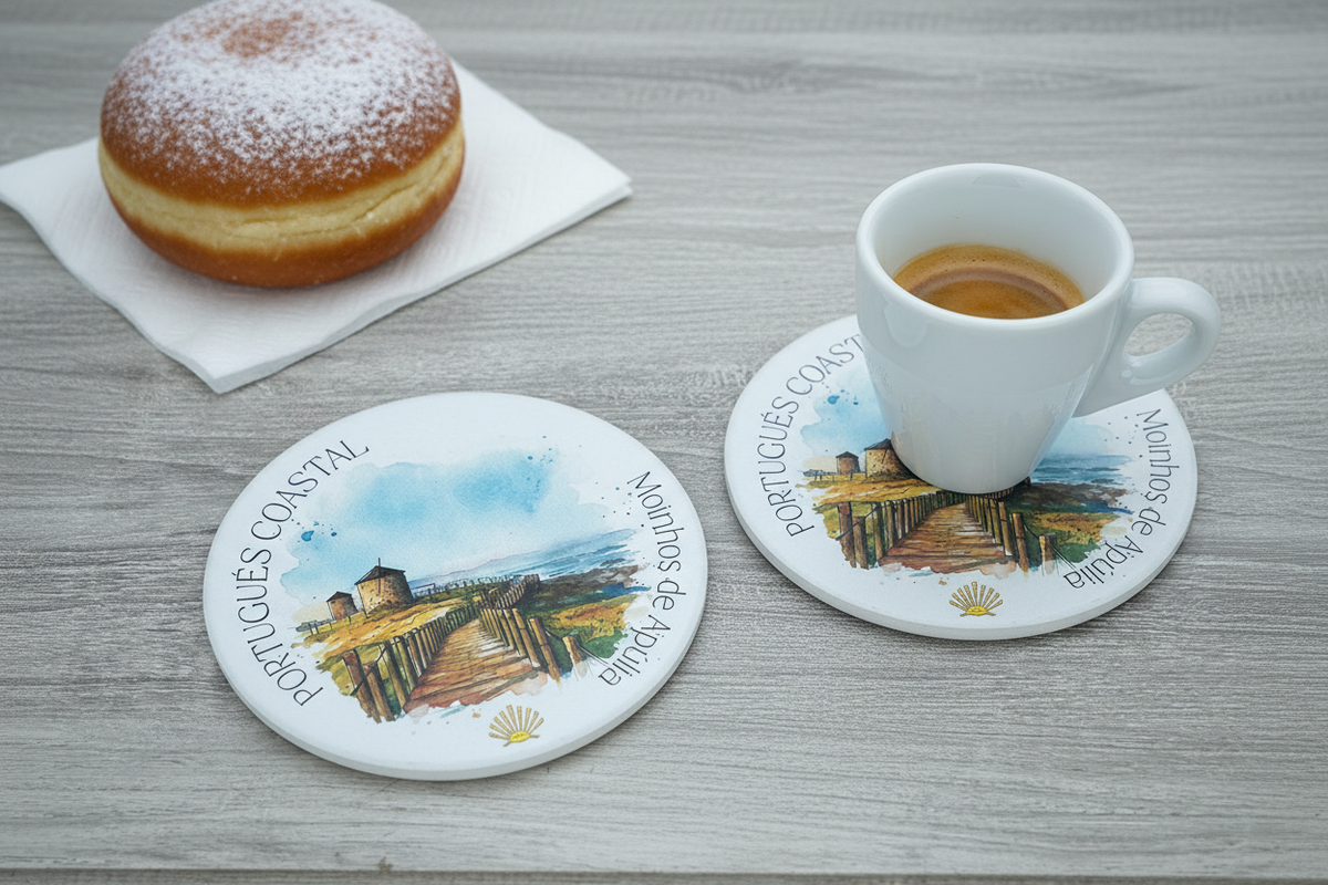 Two Camino Portugués Coastal ceramic coasters on a light wood table beside a white espresso cup and a powdered sugar bola de Berlim, with the Moinhos de Apúlia design visible
