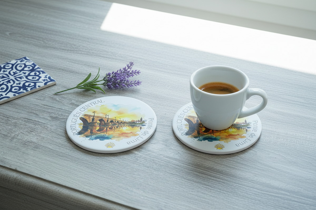 Two Camino Portugués Central ceramic drink coasters featuring the medieval Ponte de Lima roman-gothic bridge reflected in a warm watercolor sky, with gold foil scallop shell detail with espresso cup