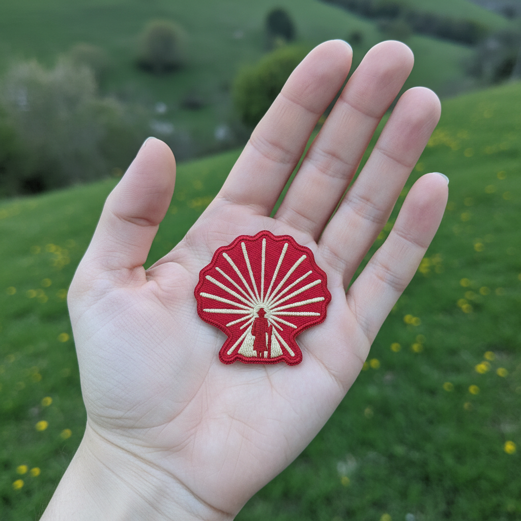 Enlightened Pilgrim iron-on patch from Pilgrim Artifact in red and gold resting on an open hand