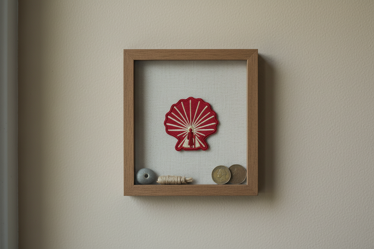 Red and gold Enlightened Pilgrim Camino de Santiago patch displayed in a shadow box frame on a wall