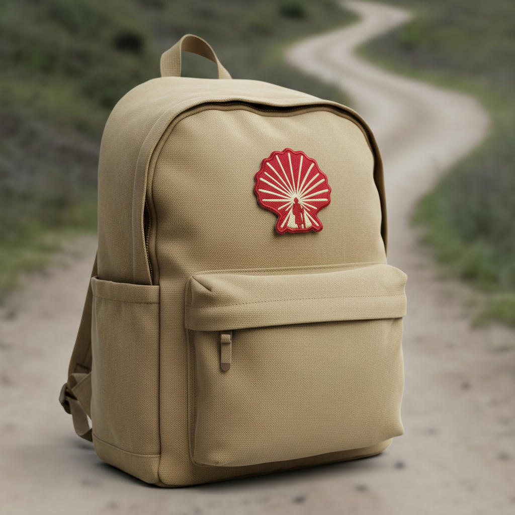Red and gold Enlightened Pilgrim iron-on patch on a flat panel of a tan pilgrim backpack