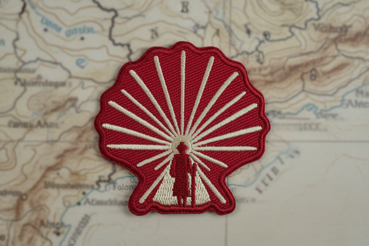 Red and gold Enlightened Pilgrim scallop shell patch resting on an antique map of the Camino routes